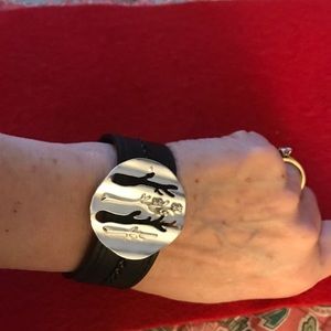 Black leather bracelet with tree charm